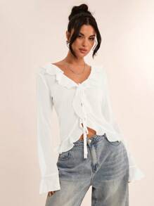 SHEIN BAE Women's Spring Elegant Floral Ruffle Trim Flare Long Sleeve Chiffon Blouse Shirt, Suitable For Date, Gatherings, Vacations, Casual Outings