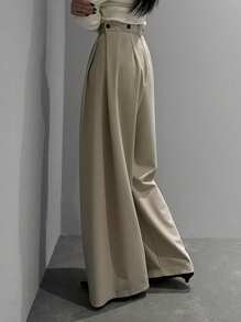 DAZY Pantaloni casual a gamba ampia e morbidi, con decorazioni a bottone e pieghe, per tutte le stagioni