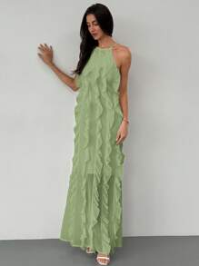 Aloruh Elegante vestido de volantes de múltiples capas para vacaciones, con estilo fluido y divino, para primavera/verano - Verde - Ver 4