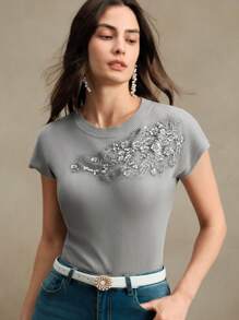 Anewsta Elegant Round Neck Beaded Embroidery Short Sleeve T-Shirt, Knit Top For Valentine's Day, Summer Vacation, New Year's, Spring, Casual, Elegant - Grey - View 1