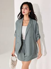 Modelyn Conjunto de Terno com Blazer e Shorts com Colarinho Blazer e Punhos em Cor Sólida para Mulheres - Verde - Visão 5