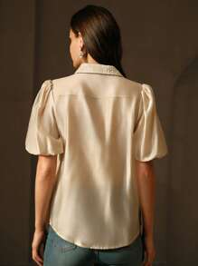 Anewsta Elegant Hollow Embroidery Puff Sleeve Blouse, Women Spring/Summer - Apricot - View 2