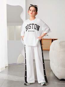 2pcs/Set Girls Casual All-Match Versatile Letter Drop Shoulder Loose T-Shirt + Contrast Button Slit Knit Pants Set, For Sports & School