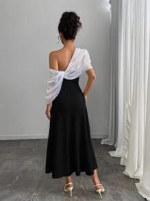 SHEIN Unity Women's Solid Color Elegant Long Dress With Shawl, Spring/Summer - Black - View 2