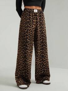 SHEIN Tall Pantalones de estar por casa informales con estampado de leopardo para mujer