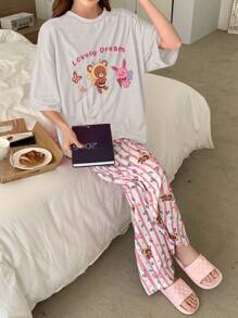 DAZY Set de pijama de 2 piezas para mujer con estampado de dibujos animados, de manga corta y holgado