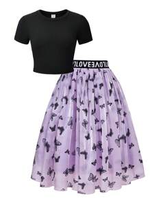 2pcs Tween Girls Ribbed Knit Short Sleeve Top Matched With Sequined Butterfly Fabric Skirt Set, Suitable For Daily Commute, Gatherings, Casual Outings Outfit For Girl