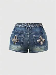 ROMWE Hippie Tief sitzende Denim Shorts mit Nieten - Schwarz - Übersicht 2