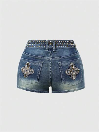 Hippie Low Rise Studded Denim Shorts