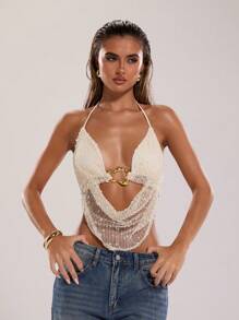SHEIN BAE Women's Summer Sexy Bohemian Beach Vacationconcert Outfit Women Halter Neck Tie Metal Decoration Crochet Summer Tops, Summer Outfits For Women,Club Outfits Women Sexy,Rave Top