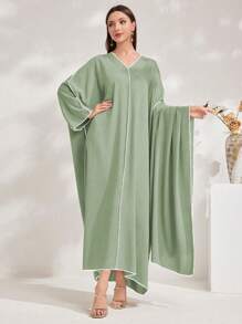 Al Najma Minimalist Turkish Style Long Dress, Suitable For Summer, Modest Kaftan - Green - View 4
