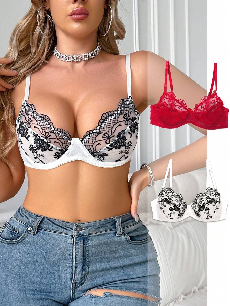 SHEIN 2 Pcs/Set Women's Underwear Lingerie Bras With Underwire, Single Layer - Multicolor - View 1