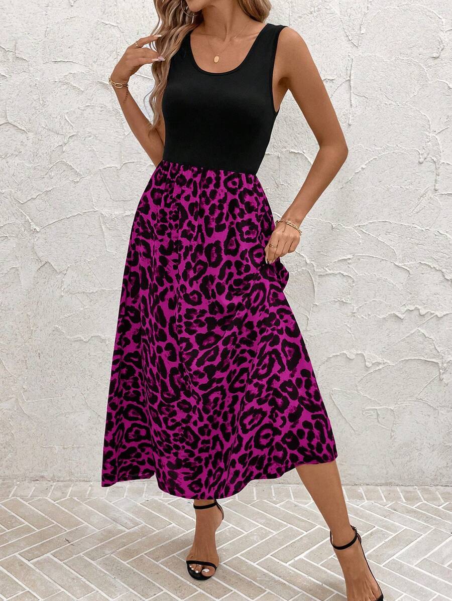 SHEIN Clasi Vestido Casual Longo Feminino de Gola Redonda e Sem Mangas com Estampa de Leopardo - Pink - Visão 1