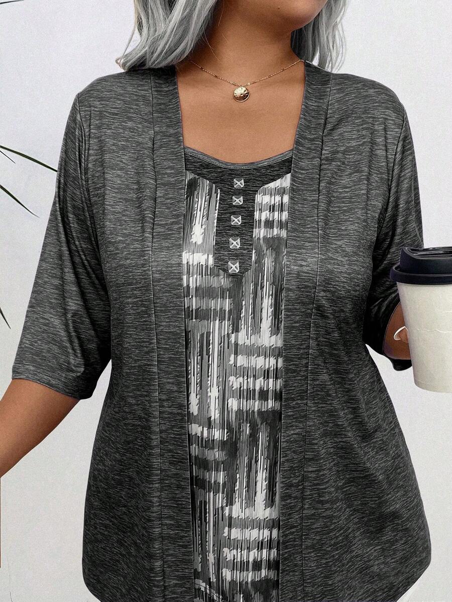 Plus Size Casual Commuter Patchwork Print T-Shirt Utah Grey - Black - View 1