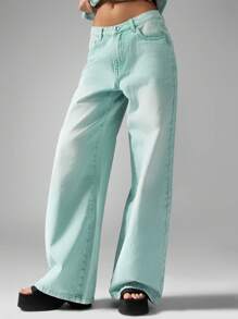 MISSGUIDED 纽扣前开阔腿牛仔裤复古高腰春夏超喇叭牛仔裤弹力舒适 Y2K 时尚潮流下装 - 綠色 - 查看 5