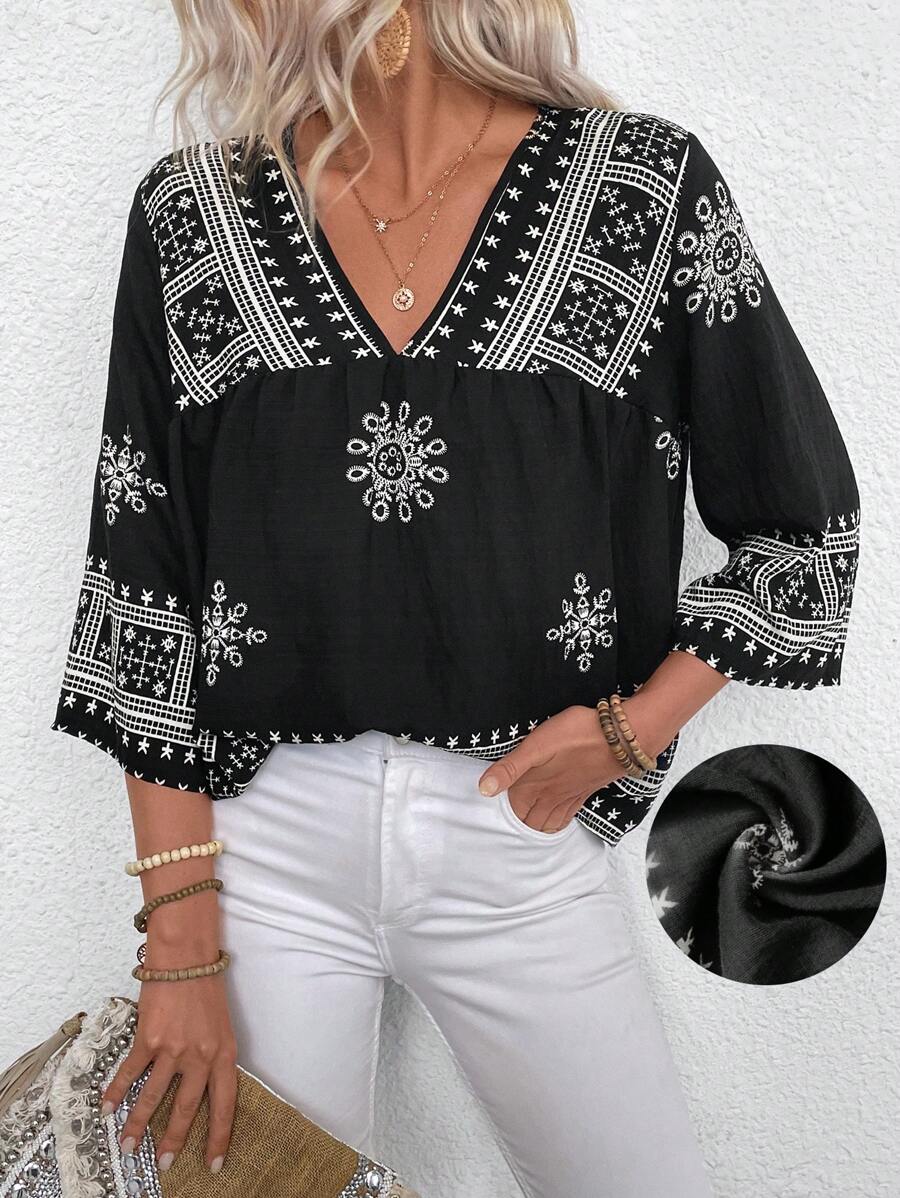 EMERY ROSE Retro Pattern V-Neck Casual Vacation Linen-Blend Shirt - Multicolor - View 1