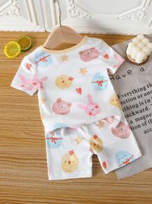 2pcs Baby/Baby Girl Cute Chick, Rabbit, Bear Print Short Sleeve Top And Leggings Pajama Set, Spring/Summer - Multicolor - View 2