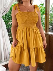 SHEIN Clasi Plus Size Women Solid Color Tied Spaghetti Strap Dress - Mustard Yellow - View 4