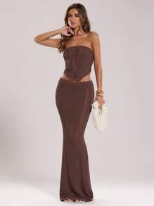 SHEIN BAE 2 pezzi/Set Donna Top a Canotta e Gonna Monocolore, Estivo - Caffè Marrone - Visualizzare 5