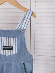 2pcs/Set Toddler Boys Casual College Style White Round Neck Long Sleeve T-Shirt And Blue Washed Denim Bib Overall Pants - Blue - View 8