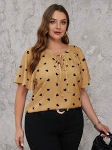 SHEIN Clasi Plus Size Elegant Bow Collar Ruffle Sleeve Heart Print Summer Shirt - Apricot - View 3