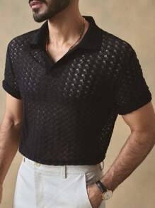 Manfinity ModaGents Camisa polo casual de manga corta, ajustada, con jacquard y calado para hombre