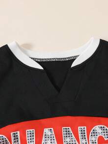 Camiseta de manga curta com decote em V combinando com a família, design casual moderno com cores contrastantes, tops soltos esportivos vintage com estampa de letras para mulheres, adequados para passeios, reuniões familiares, férias, uso casual - Multicolorido - Ver 6