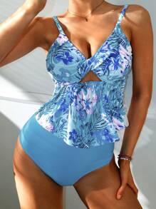 Swim Lushoire Women's Push-Up Gather Ruffle Hem Tropical Printed Hollow Out Twist Swimsuit Set With High Waist Tummy Control Swim Bottoms For Summer Beach Vacation - Multicolor - View 4