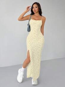 SHEIN PETITE White Ditsy Floral High Side Split Long Cami Dress,Butter Yellow - Mustard Yellow - View 7