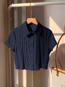 Comfortcana 女士单排扣海军蓝皱褶雪纺短袖衬衫