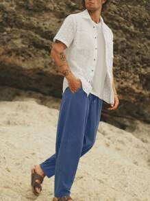 Manfinity VCAY Calça Casual Reta com Cintura Elástica Trançada Masculina, Adequada para o Verão - Azul - Visão 3