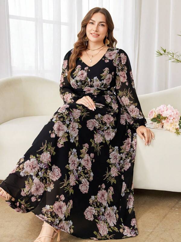 Modelyn Rochie midi cu mânecă lungă din șifon, cu imprimeu floral, cu mâneci lungi, cu o linie A, se potrivește obișnuit, mărime Plus, primăvară/vară