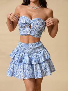 SHEIN PETITE 2pcs/Set Women's Floral Print Bralet And Short Skirt Set, Fashionable Holiday Outfit