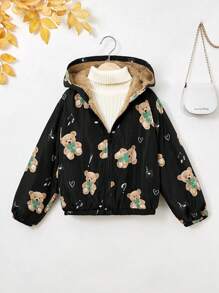 SHEIN 女大童小熊印花毛茸茸內襯連帽夾克 - 彩色 - 查看 4