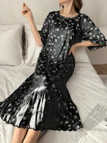 Ruffled Ditsy Floral Long Nightgown Babydoll Perfect Summer - Dark Grey - View 4