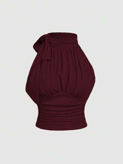 SHEIN MOD Plus Size Mock Neck Bow Knot Ruched Wine Red Blouse