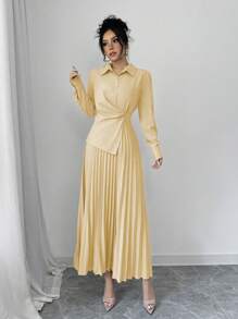 Elenzga Women Casual Solid Color Elegant Pleated Waist Midi Dress, Autumn Maxi Women Outfit