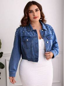 Plus Size Women's Long Sleeve Faux Pearl Decor Single-Breasted Denim Jacket - Medium Wash - View 4