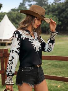 SHEIN LUNE Rave Concert Women Country Concert Rave Festival Stand Collar Notched-Neck Frill Trim Lantern Sleeve Retro Print Casual Vacation Elegant Blouse For Women - Multicolor - View 6