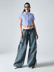 SHEIN EZwear 女式夏季梭织纽扣衬衫 - 藍色 - 查看 6