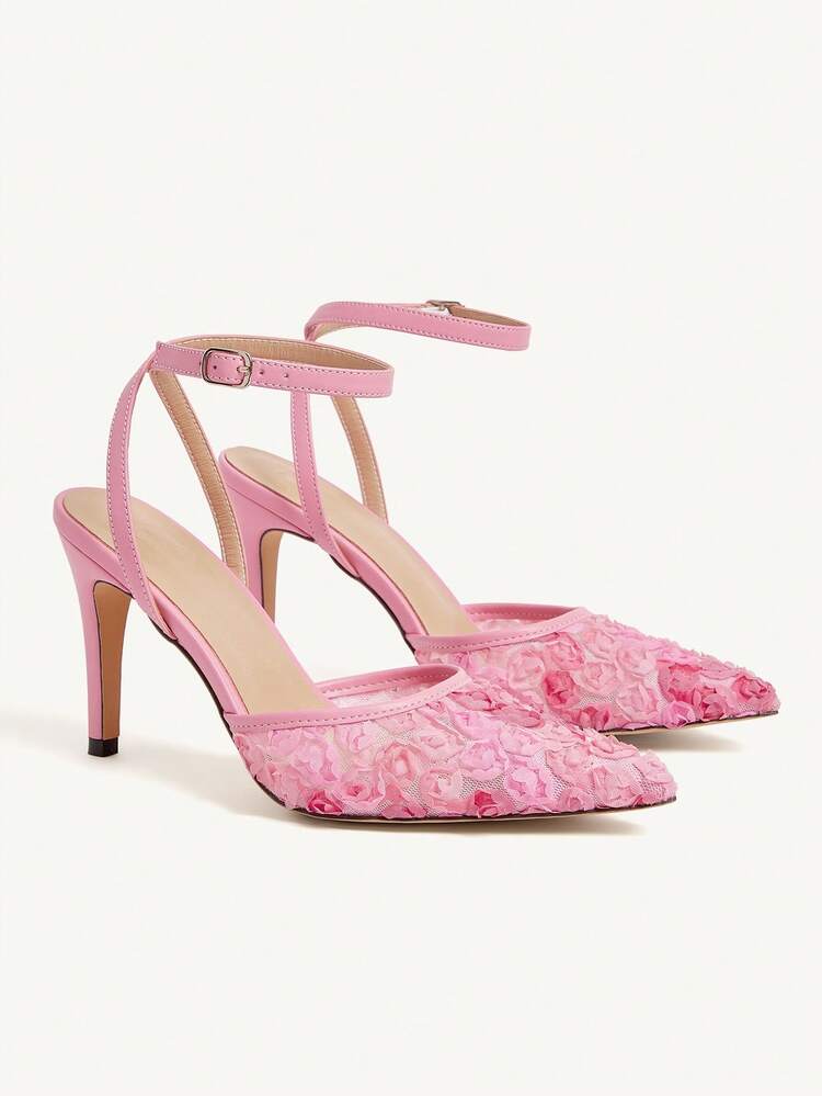 CUCCOO CHICEST Women's Pointed Toe Floral Rose High Heel Shoes, Elegant Sweet Romantic Fashion Pink Mesh Ankle Strap Pumps, Suitable For Formal Occasions, Weddings, Parties, Dates, Holidays, Christmas, Thanksgiving, New Year, Valentine's Day Elegant Shoes Wedding Shoes Summer Shoes Bride Shoes