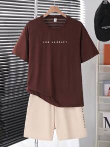 2pcs Set Teen Boy Casual Urban Style Round Neck T-Shirt With Shorts, Knitted, Spring/Summer,Holiday,Summer,Travel