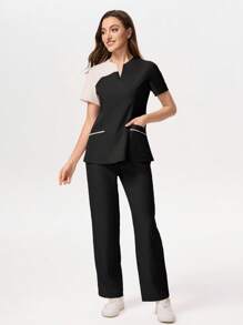 TaskEZ Contrast Color V-Neck Short Sleeve Top And Pants Scrub Uniform Set - Black - View 4