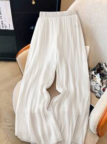 SHEIN PETITE Women's Sheer Pearl Texture Relaxed Long Pants, Versatile For Spring & Summer Fall Cloth For Women - White - View 2