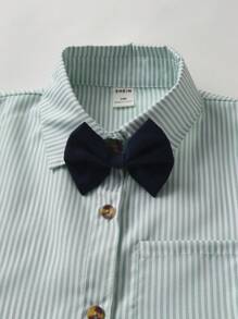 SHEIN Bộ 2 áo sơ mi dài tay kẻ sọc và quần yếm, trang phục quý ông cho bé trai - Màu xanh Bạc hà - Xem 4