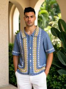 Manfinity RSRT Top casual en maille à manches courtes avec une couleur contrastée et une simple boutonnière pour homme - Bleu azur - Voir 1