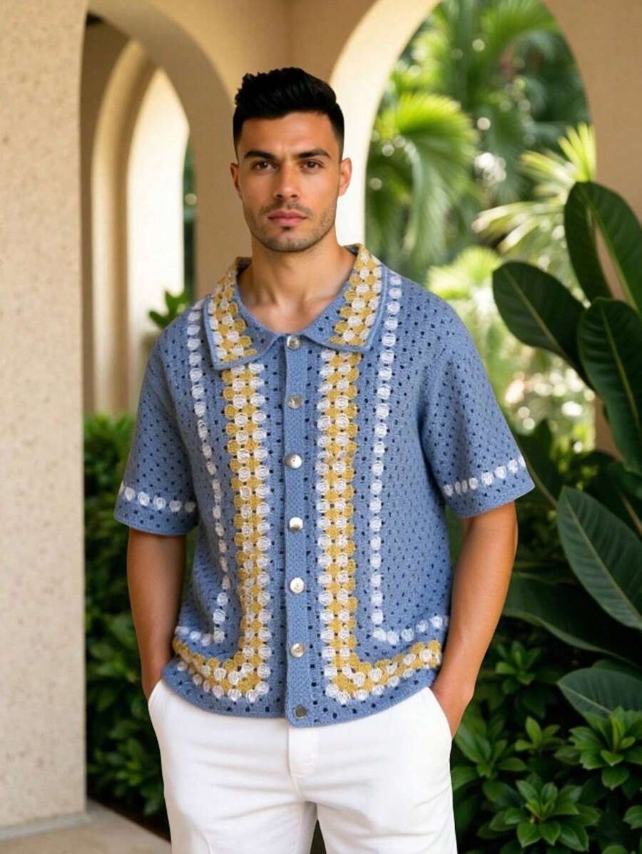 Manfinity RSRT Top casual en maille à manches courtes avec une couleur contrastée et une simple boutonnière pour homme - Bleu azur - Voir 1