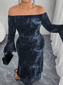 Modelyn Women Plus Size Off-The-Shoulder Flared Long Sleeve Ruched Tie-Dye Print Ruffle Bodycon Mermaid Elegant Fashion Dress Fall Cloth For Women