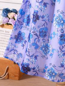 SHEIN Vestido roxo com estampa de organza e gola bufante, manga curta, para meninas adolescentes, 1 peça, feminino e elegante, primavera/verão, férias, verão, viagem - Azul - Ver 3