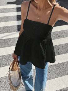 Serisse 女士度假休闲花卉提花荷叶边下摆吊带背心，休闲日常装，夏季上衣，女士短款上衣，女士外出上衣 - 黑色 - 查看 6